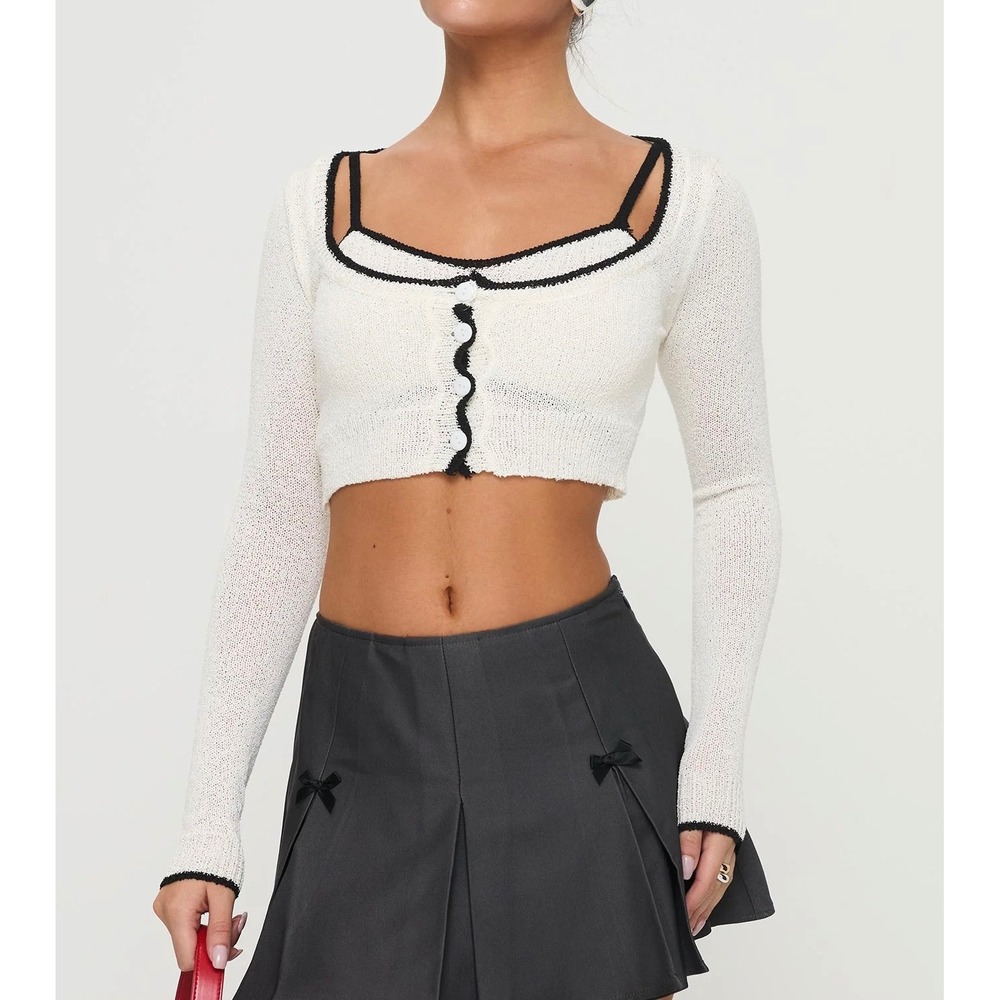 Princess Polly Chacklie Cardigan Cream with Black Contrast Trim Crop Button Up